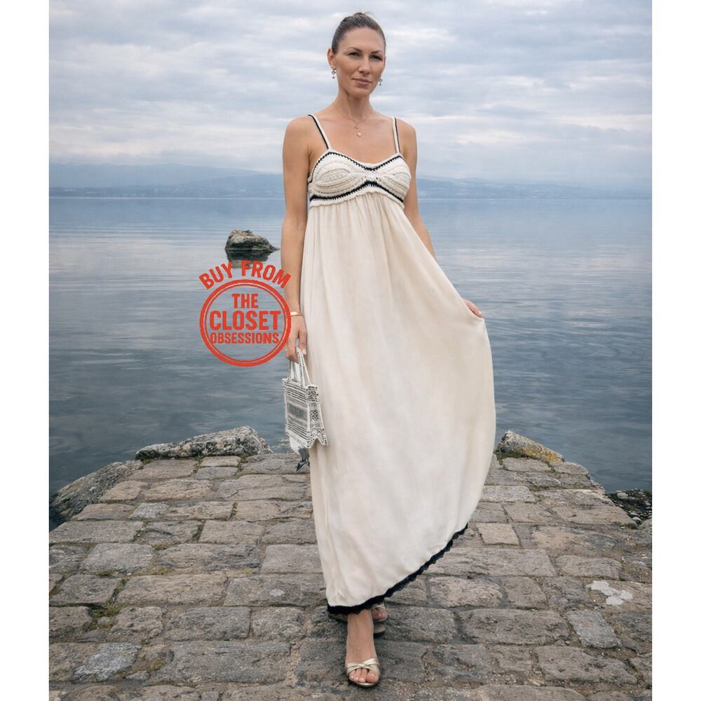 Zara Cream Ecru Maxi Dress Contrast Trim Flowy Boho Resort Vacation Size M NWT - Picture 7 of 16